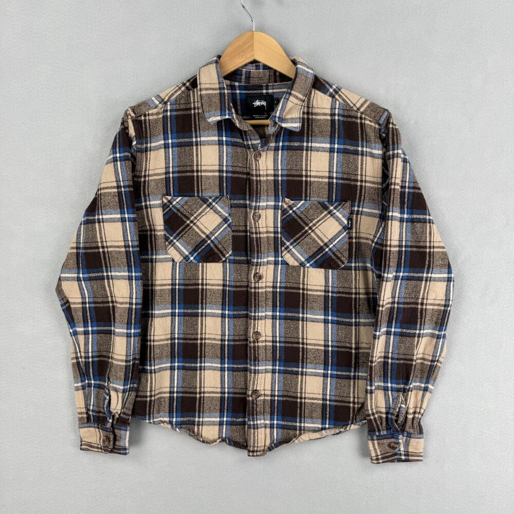 Stussy Shirt Mens Large Beige Plaid Long Sleeve Flannel Button Up Casual Pockets